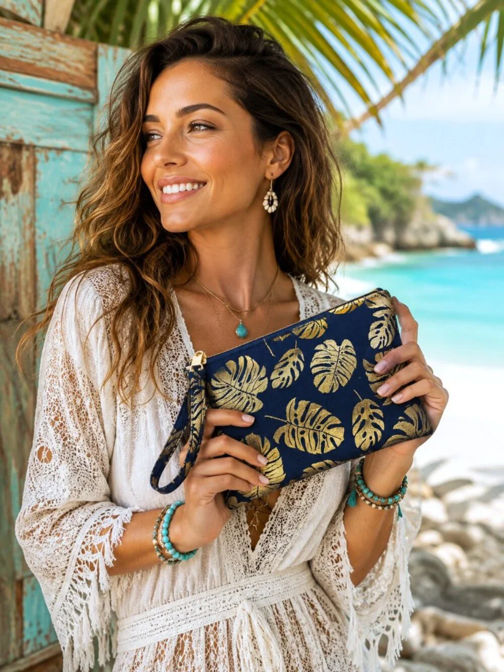 Wristlet Clutch Pouch Navy Blue & Gold Tropical Monstera Palm Leaf Coastal Beach